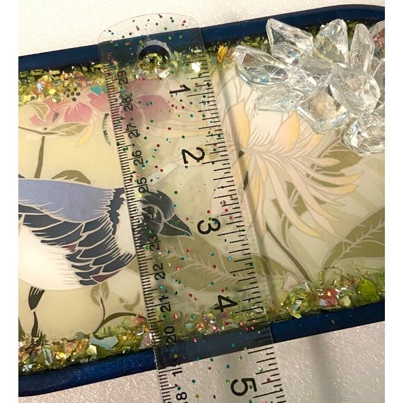 Handcrafted Bird with Flowers Resin Oval Tray with Crystals Rich Cobalt Back - Picture 8 of 8